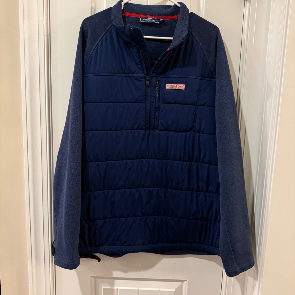 Vineyard Vines Mens 2XL Navy Blue Quilted Fleece Hybrid Quarter Zip Pullover
